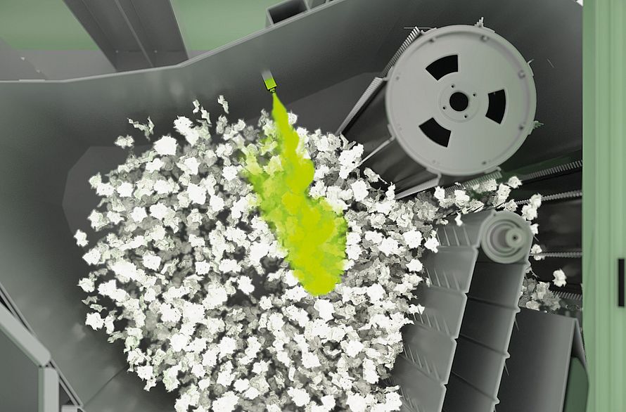 3d rendered picture of the spray unit inside the blowroom unimix machine for applying DNA marker to the fibers.