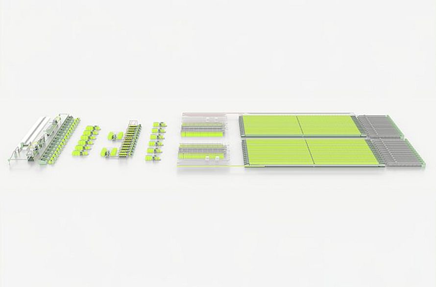 3d rendered picture of a spinning mill with Rieter blowroom to end-spinning marked with green to show the materials are tracked with DNA marker for traceability.